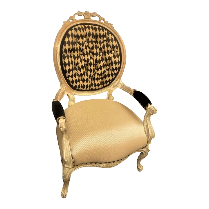 Antique 19th Century Louis XV Fauteuil in Cerused Walnut With New Black and Gold Harlequin Upholstery - Thumbnail 2