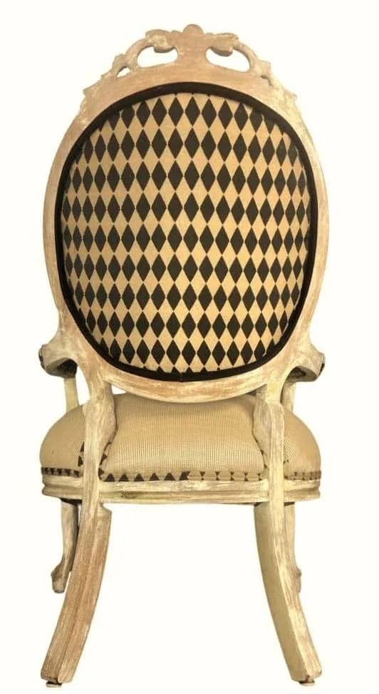 Antique 19th Century Louis XV Fauteuil in Cerused Walnut With New Black and Gold Harlequin Upholstery - Thumbnail 4