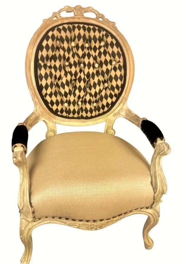 Antique 19th Century Louis XV Fauteuil in Cerused Walnut With New Black and Gold Harlequin Upholstery - Thumbnail 6