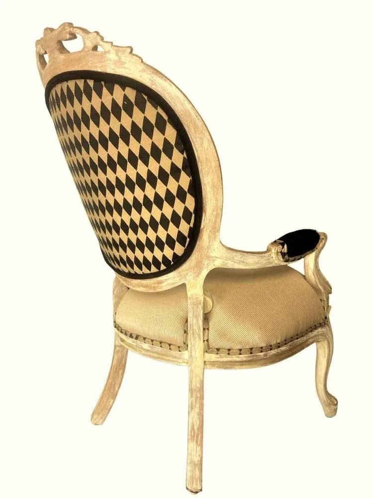 Antique 19th Century Louis XV Fauteuil in Cerused Walnut With New Black and Gold Harlequin Upholstery - Thumbnail 7