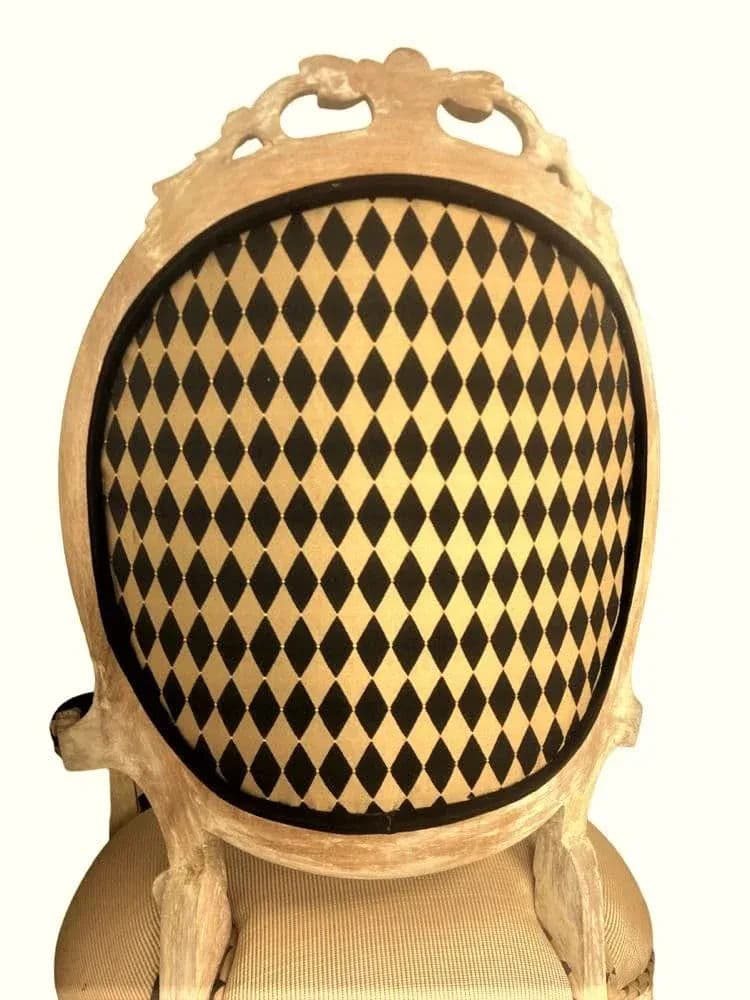 Antique 19th Century Louis XV Fauteuil in Cerused Walnut With New Black and Gold Harlequin Upholstery - Thumbnail 9