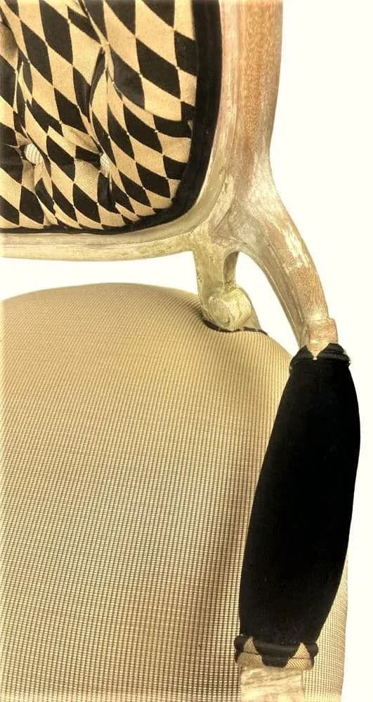 Antique 19th Century Louis XV Fauteuil in Cerused Walnut With New Black and Gold Harlequin Upholstery - Thumbnail 8