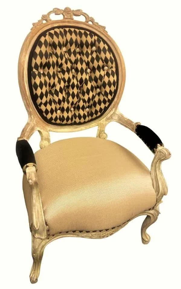 Antique 19th Century Louis XV Fauteuil in Cerused Walnut With New Black and Gold Harlequin Upholstery - Thumbnail 10