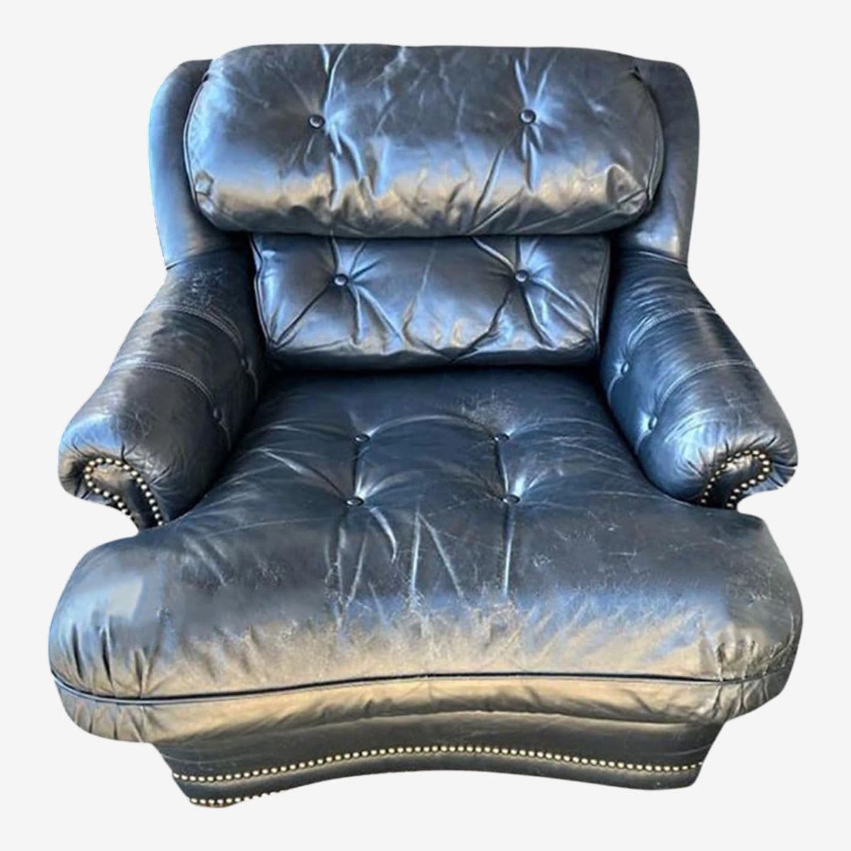 Vintage Button Tufted Leather Dark Blue Chair Made in North Carolina - Late 20th Century - Image 1