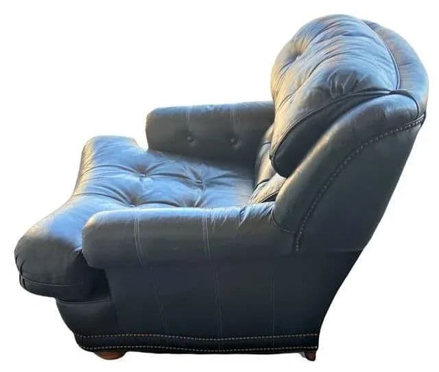 Vintage Button Tufted Leather Dark Blue Chair Made in North Carolina - Late 20th Century - Thumbnail 4