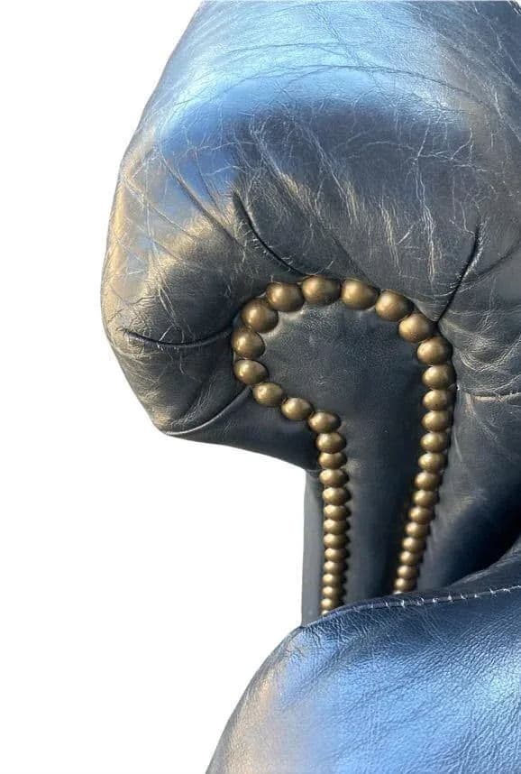 Vintage Button Tufted Leather Dark Blue Chair Made in North Carolina - Late 20th Century - Thumbnail 3