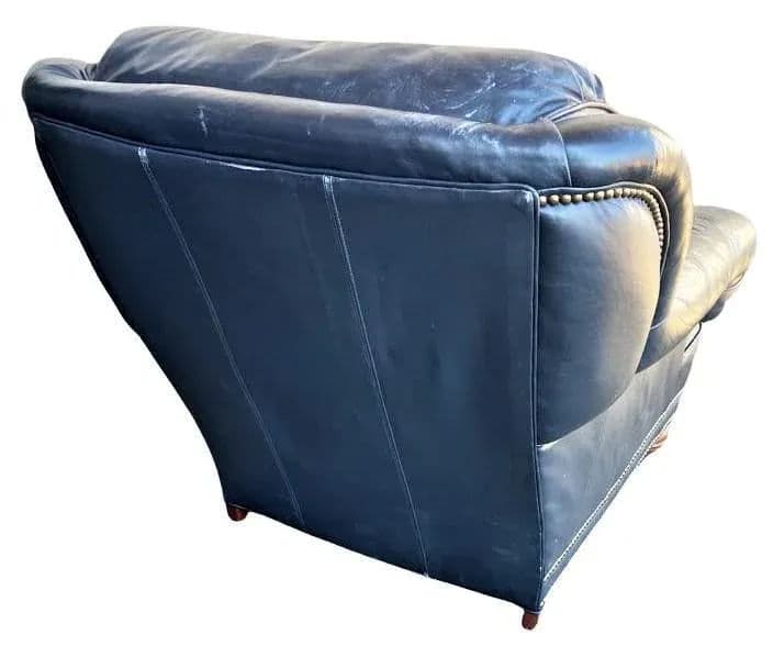 Vintage Button Tufted Leather Dark Blue Chair Made in North Carolina - Late 20th Century - Thumbnail 6