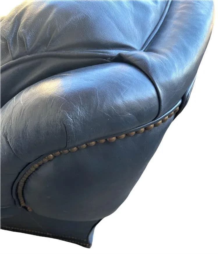 Vintage Button Tufted Leather Dark Blue Chair Made in North Carolina - Late 20th Century - Thumbnail 5