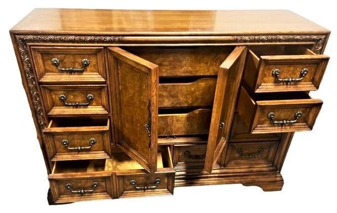 Large 64" W Chest of Drawers in Burlwood and Quarter Sawn Oak - Vintage Early 21st Century - Thumbnail 3