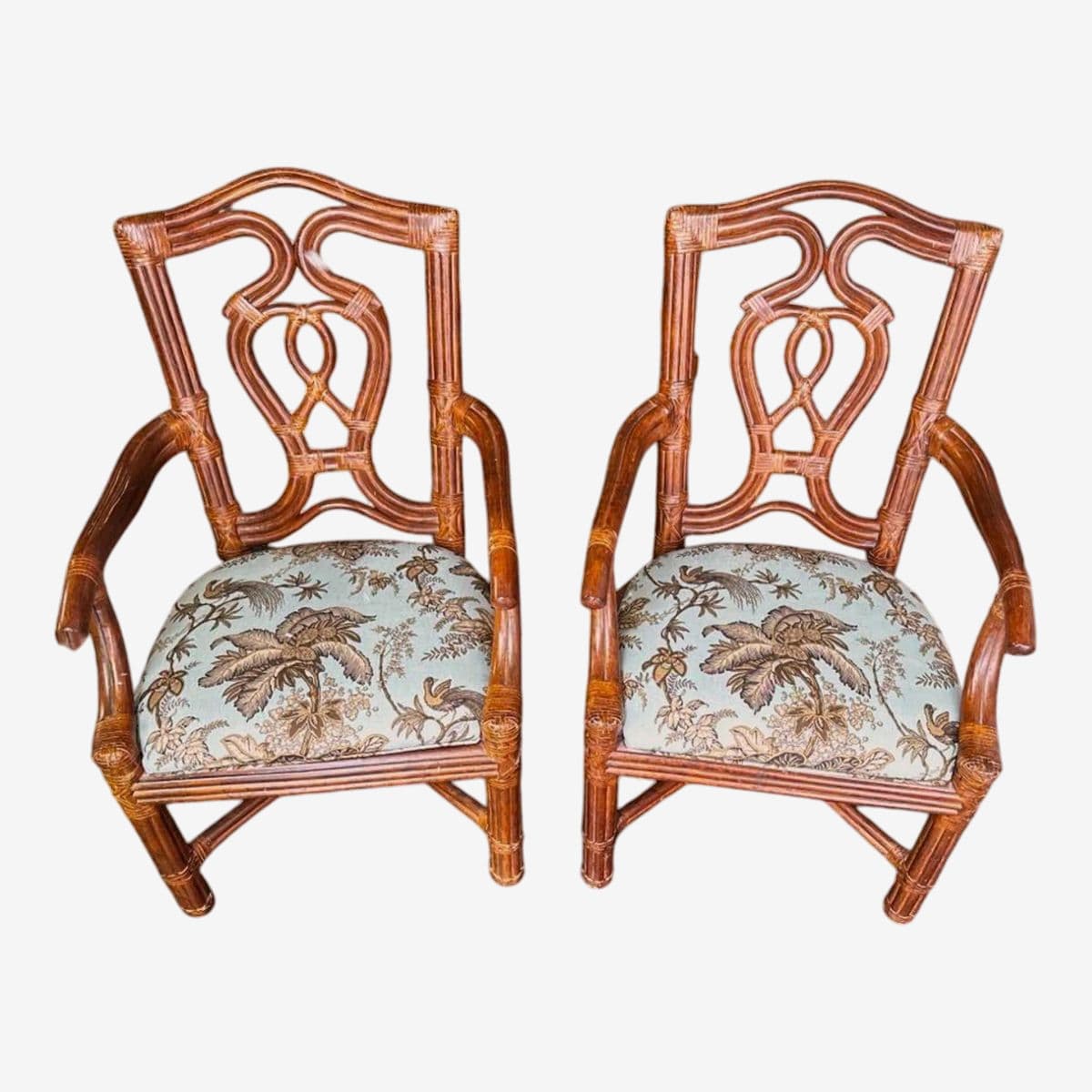Pair of Vintage Bernhardt Rattan Chairs With New Schumacher Linen ‘Coconut Grove’ Seat Upholstery - Image 1