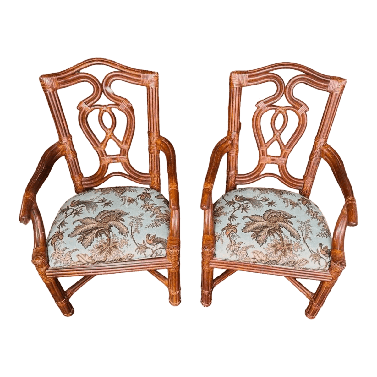 Pair of Vintage Bernhardt Rattan Chairs With New Schumacher Linen ‘Coconut Grove’ Seat Upholstery - Thumbnail 2