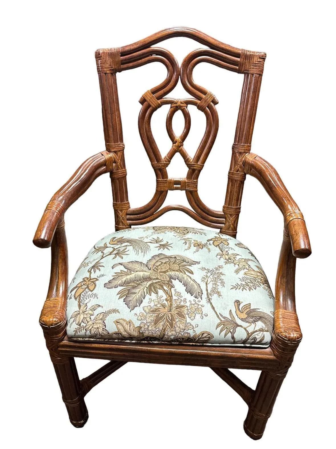 Pair of Vintage Bernhardt Rattan Chairs With New Schumacher Linen ‘Coconut Grove’ Seat Upholstery - Thumbnail 3