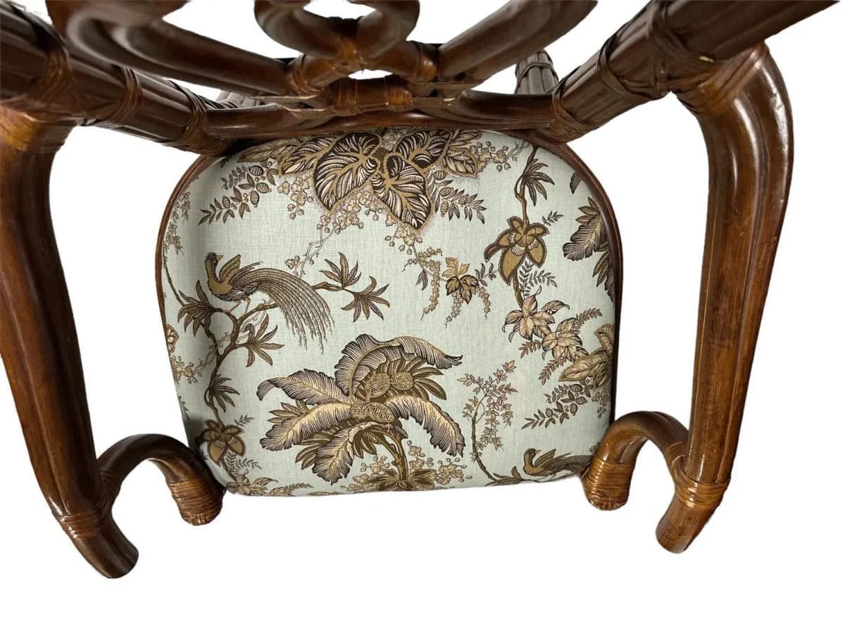 Pair of Vintage Bernhardt Rattan Chairs With New Schumacher Linen ‘Coconut Grove’ Seat Upholstery - Thumbnail 6