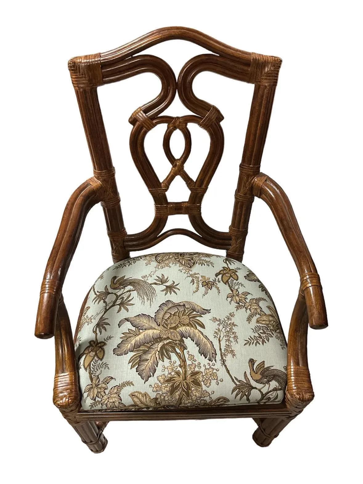 Pair of Vintage Bernhardt Rattan Chairs With New Schumacher Linen ‘Coconut Grove’ Seat Upholstery - Thumbnail 7