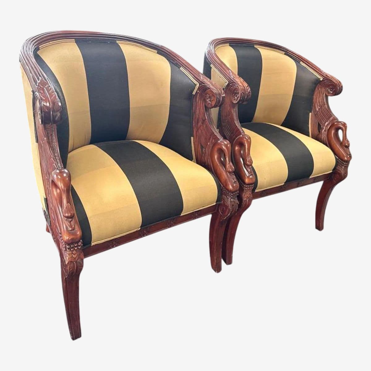 English Regency Mahogany Bergeres With Swan Head Carving and New Upholstery - a Pair - Image 1