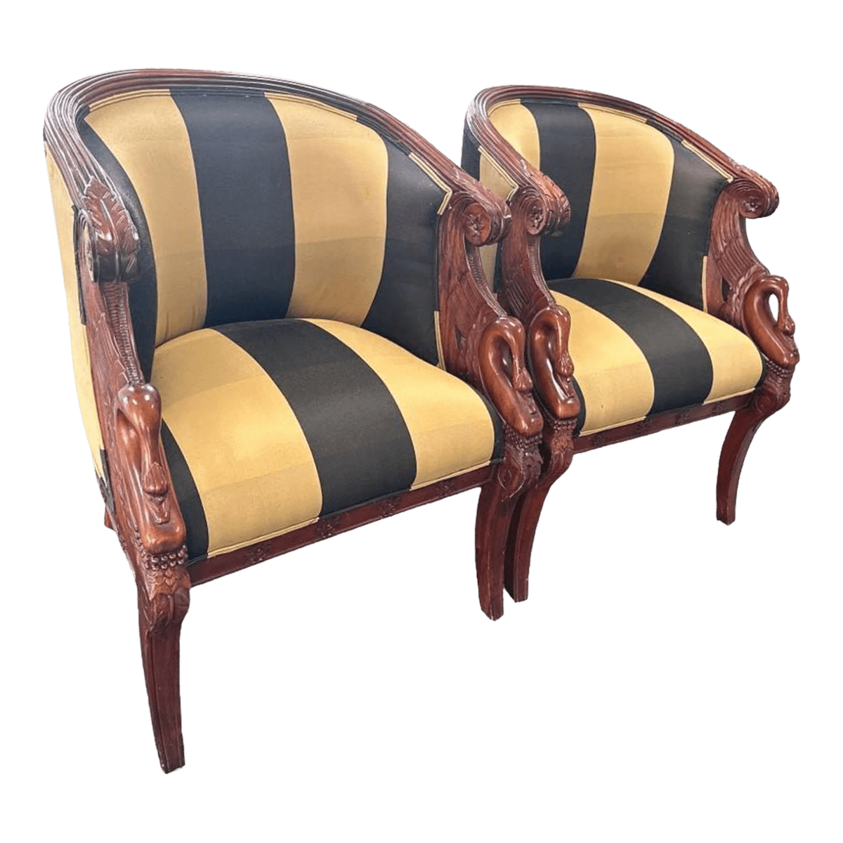 English Regency Mahogany Bergeres With Swan Head Carving and New Upholstery - a Pair - Thumbnail 2