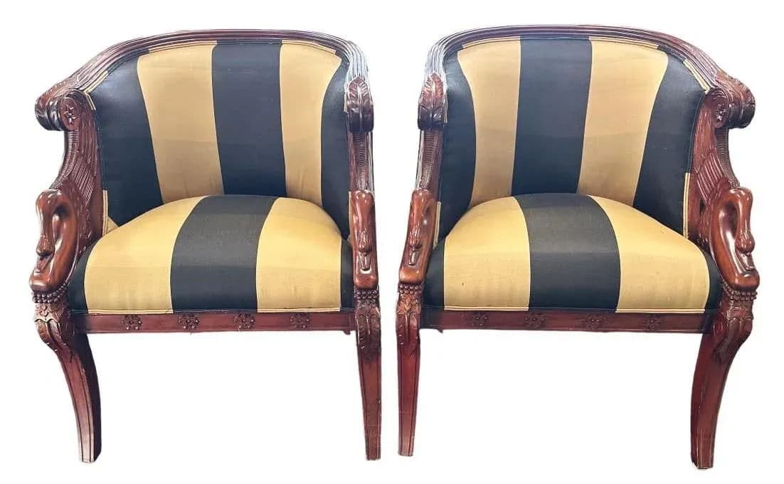 English Regency Mahogany Bergeres With Swan Head Carving and New Upholstery - a Pair - Thumbnail 6