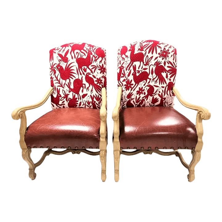 Bernhardt Large Hacienda Chairs in Otomi Hand Embroidery and Leather - a Pair - Early 21st Century - Thumbnail 2
