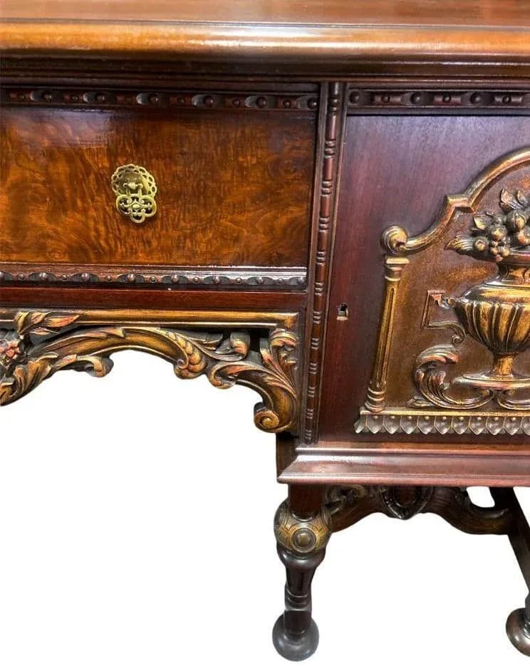 Al Capone's Chicago Era Antique Spanish Revival Walnut and Burlwood 78" Sideboard - 1920s - Thumbnail 6