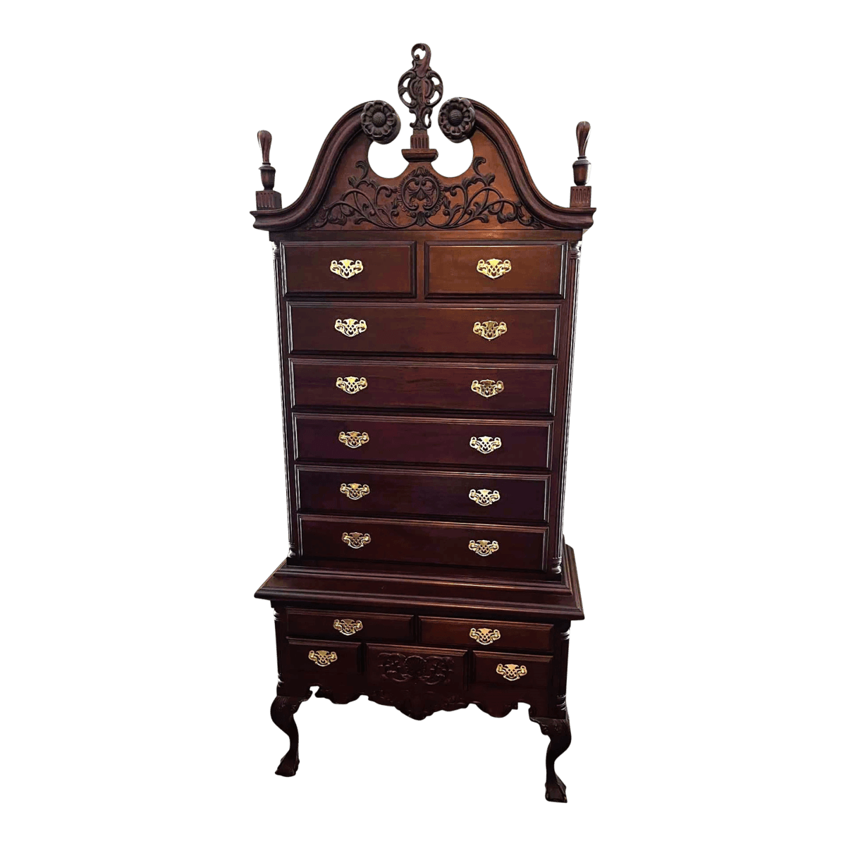 Late 20th Century Ornate Mahogany Chippendale Highboy by Georgian Furnishings Company of New Orleans - Thumbnail 2