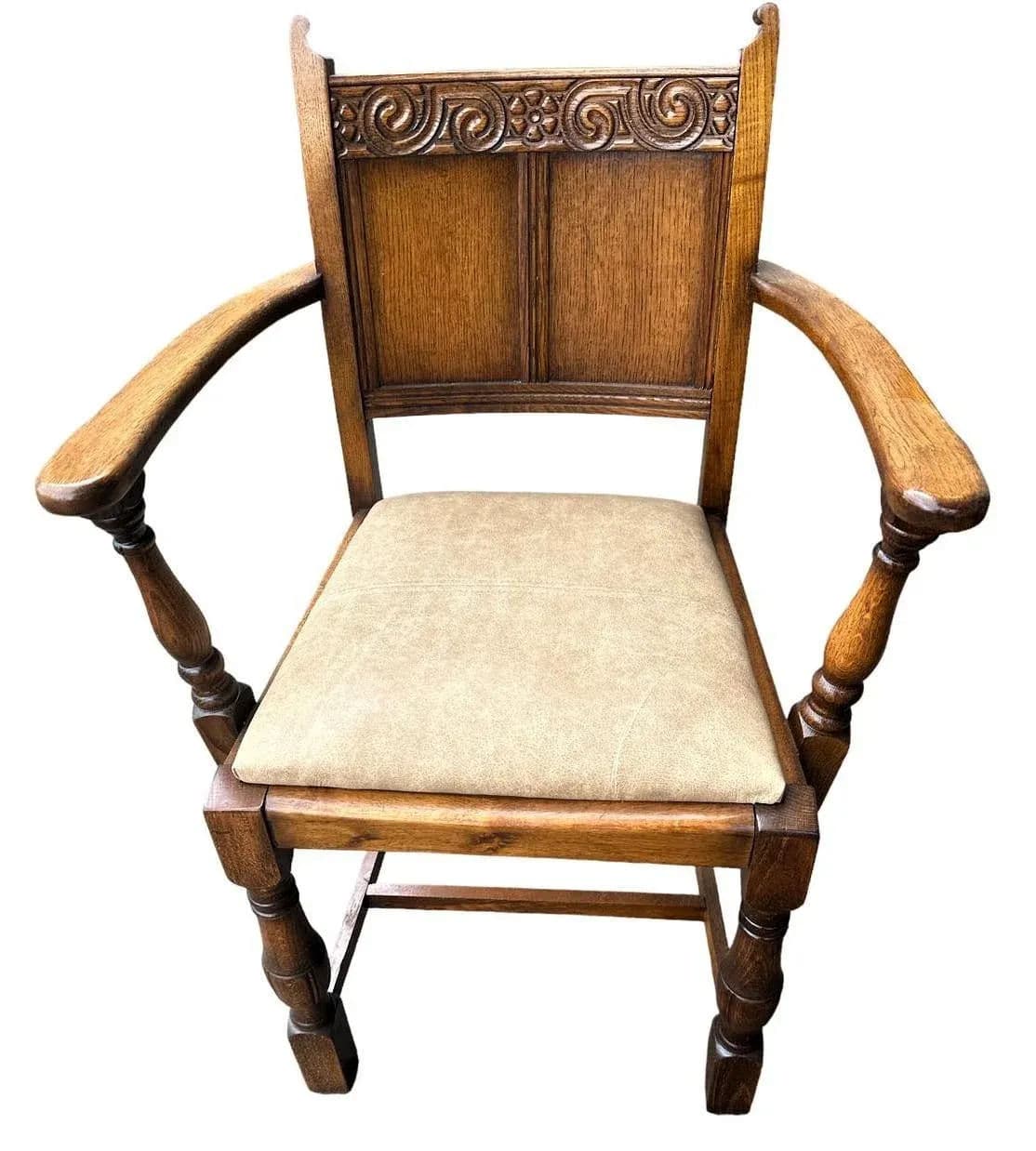19th Century Antique English Arts & Crafts Oak Dining Chairs With New Leather Seats - Set of 6 - Thumbnail 3