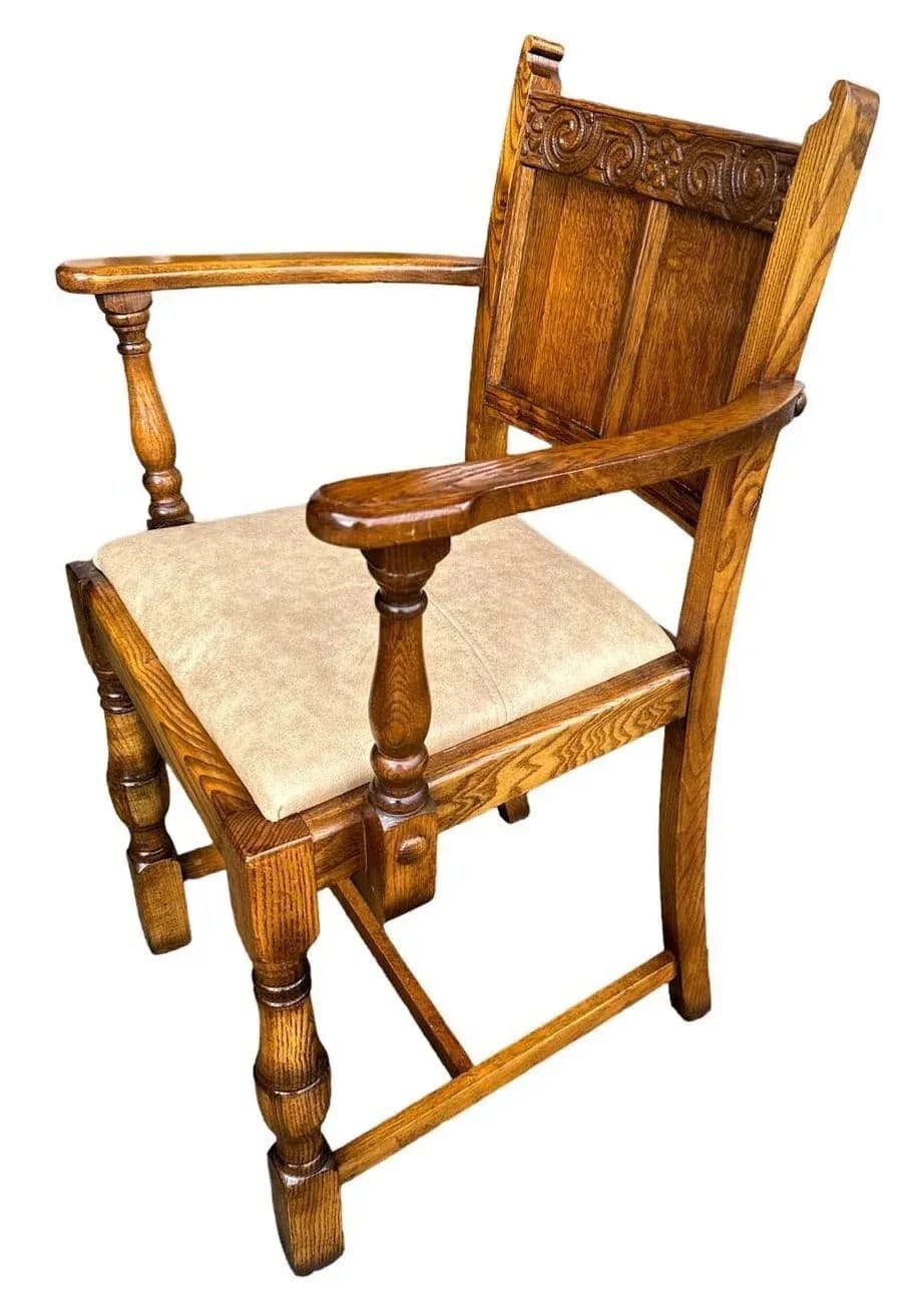 19th Century Antique English Arts & Crafts Oak Dining Chairs With New Leather Seats - Set of 6 - Thumbnail 4