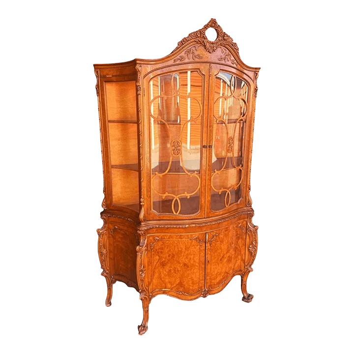 Romweber Louis XV Breakfront China Cabinet in Amber Burlwood - Vintage 1950s - Thumbnail 2