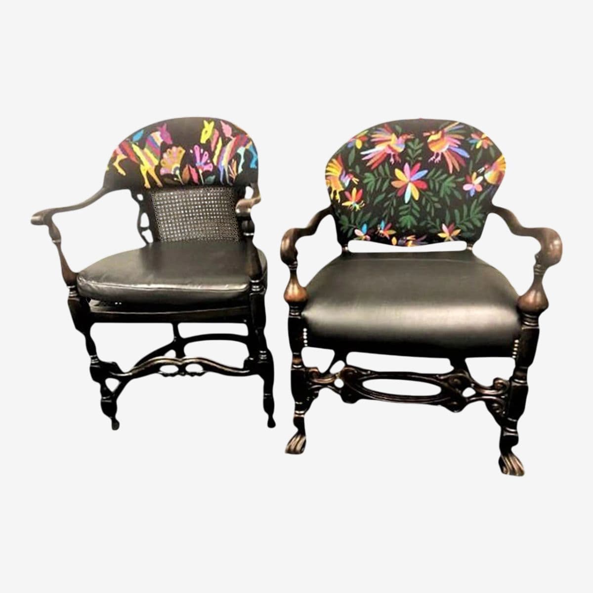 Set of 2 Ornate Spanish Revival Fauteuils With New Otomi Embroidery and Leather Upholstery - Early 20th Century Antiques - Image 1