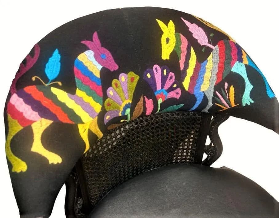 Set of 2 Ornate Spanish Revival Fauteuils With New Otomi Embroidery and Leather Upholstery - Early 20th Century Antiques - Thumbnail 4