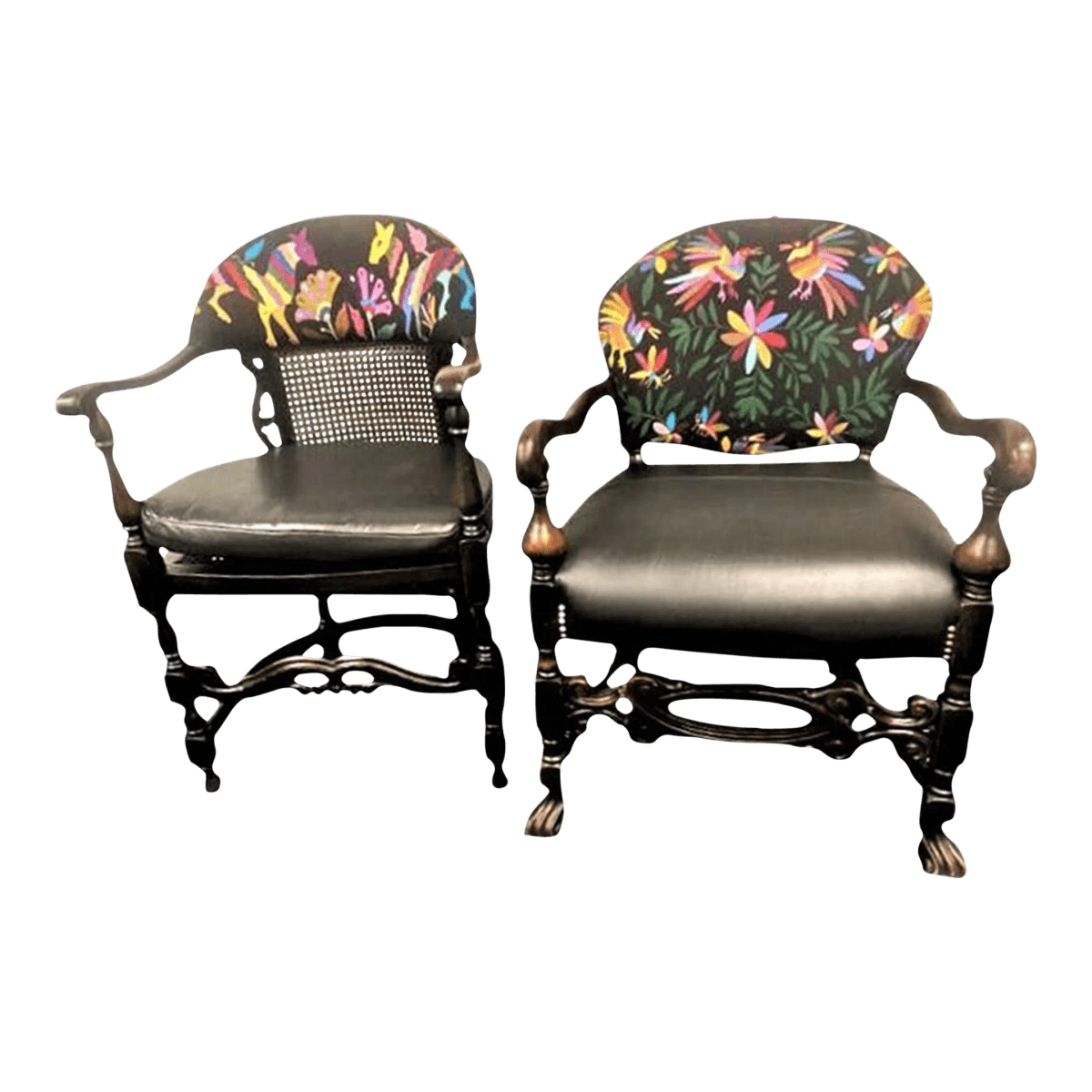 Set of 2 Ornate Spanish Revival Fauteuils With New Otomi Embroidery and Leather Upholstery - Early 20th Century Antiques - Thumbnail 2
