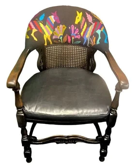 Set of 2 Ornate Spanish Revival Fauteuils With New Otomi Embroidery and Leather Upholstery - Early 20th Century Antiques - Thumbnail 7