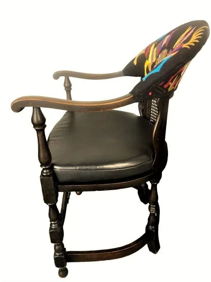 Set of 2 Ornate Spanish Revival Fauteuils With New Otomi Embroidery and Leather Upholstery - Early 20th Century Antiques - Thumbnail 8