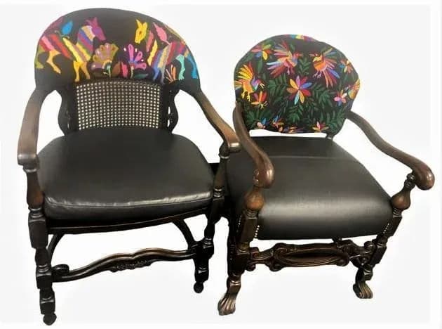 Set of 2 Ornate Spanish Revival Fauteuils With New Otomi Embroidery and Leather Upholstery - Early 20th Century Antiques - Thumbnail 6