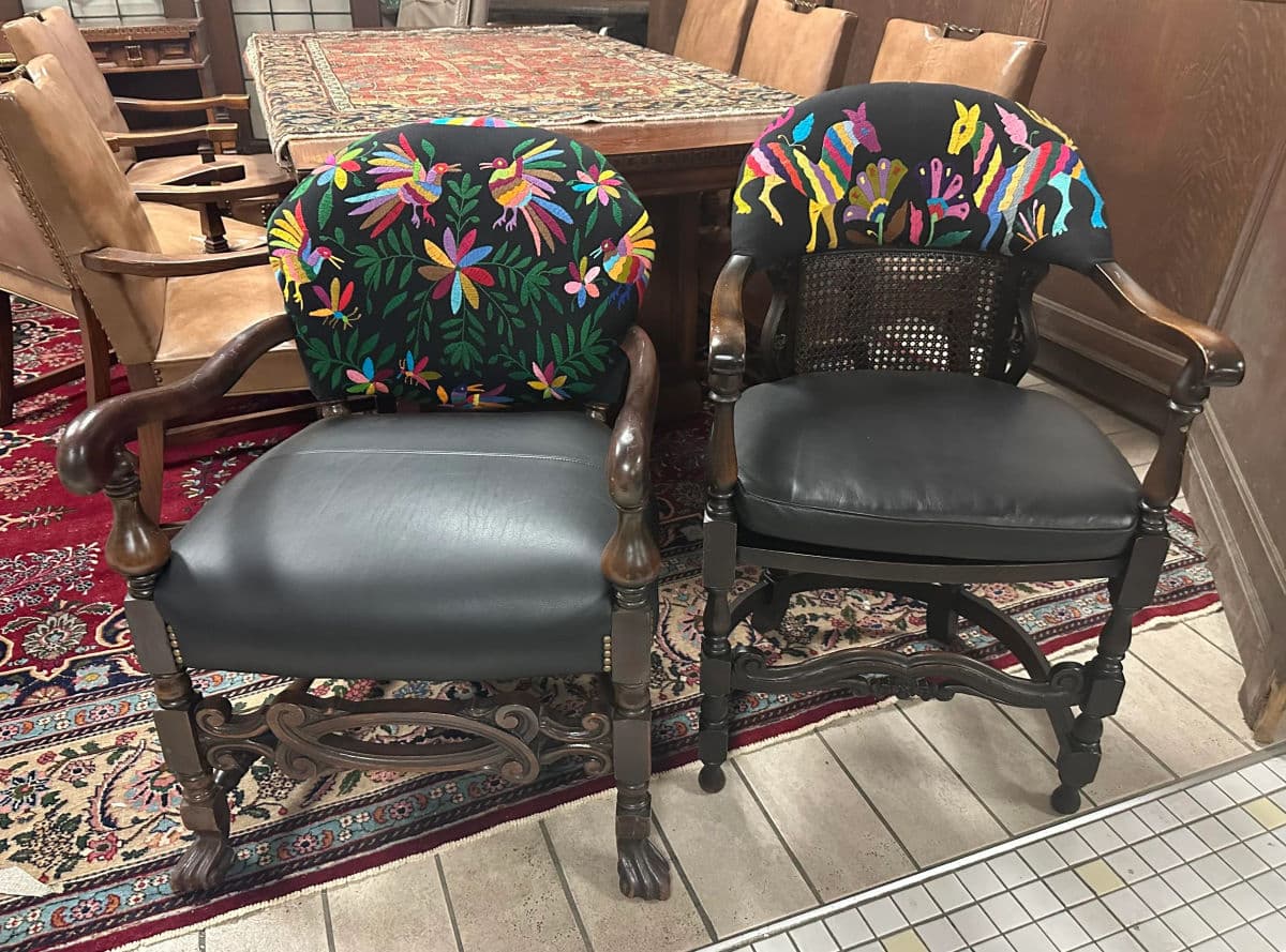 Set of 2 Ornate Spanish Revival Fauteuils With New Otomi Embroidery and Leather Upholstery - Early 20th Century Antiques - Thumbnail 11