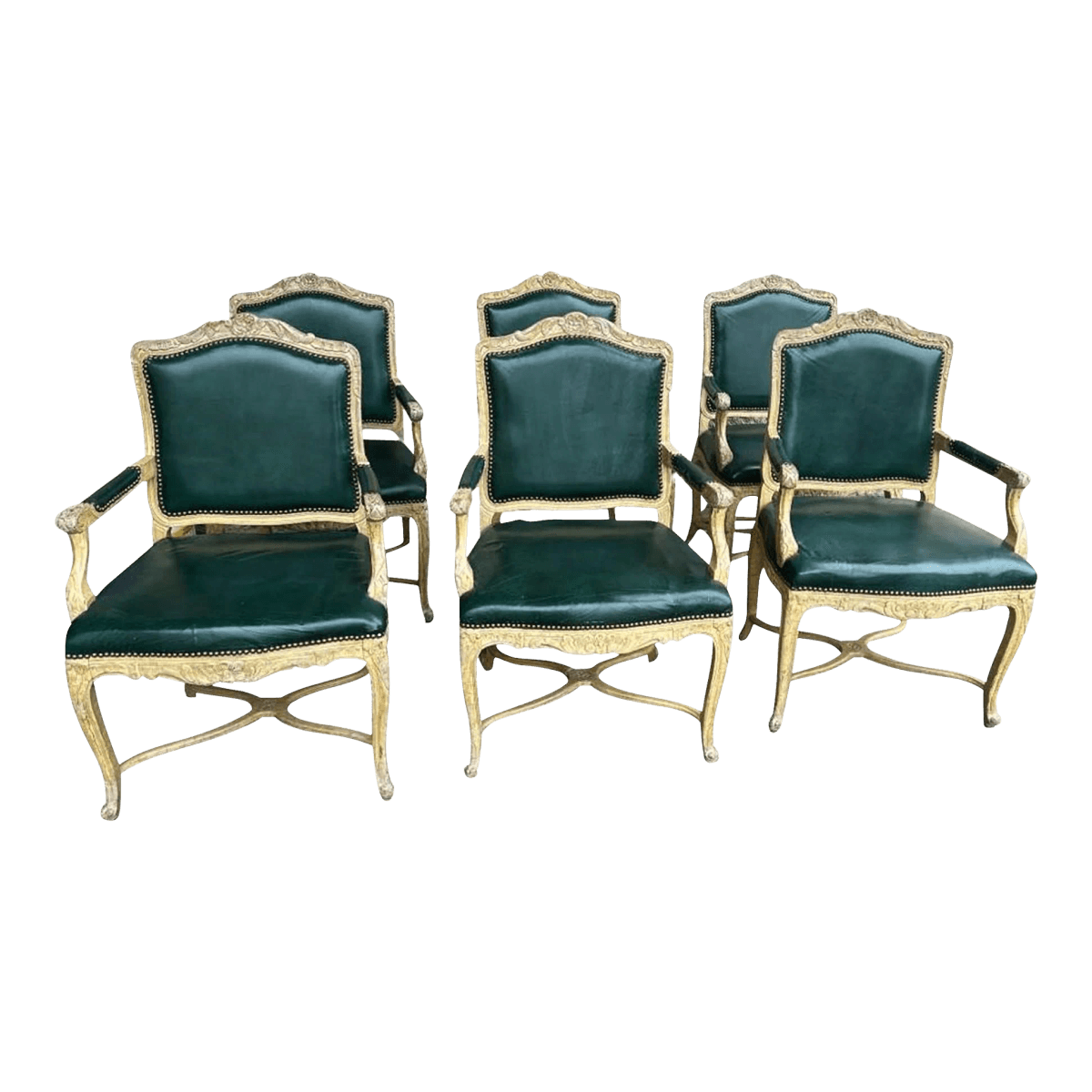 Vintage French Louis XV Fauteuils With Leather Upholstery and Distressed Finish - Late 20th Century - Thumbnail 2