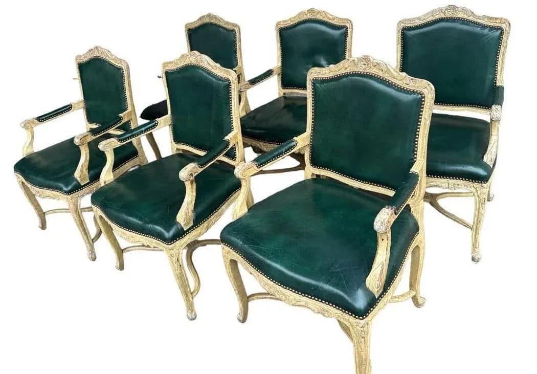 Vintage French Louis XV Fauteuils With Leather Upholstery and Distressed Finish - Late 20th Century - Thumbnail 5