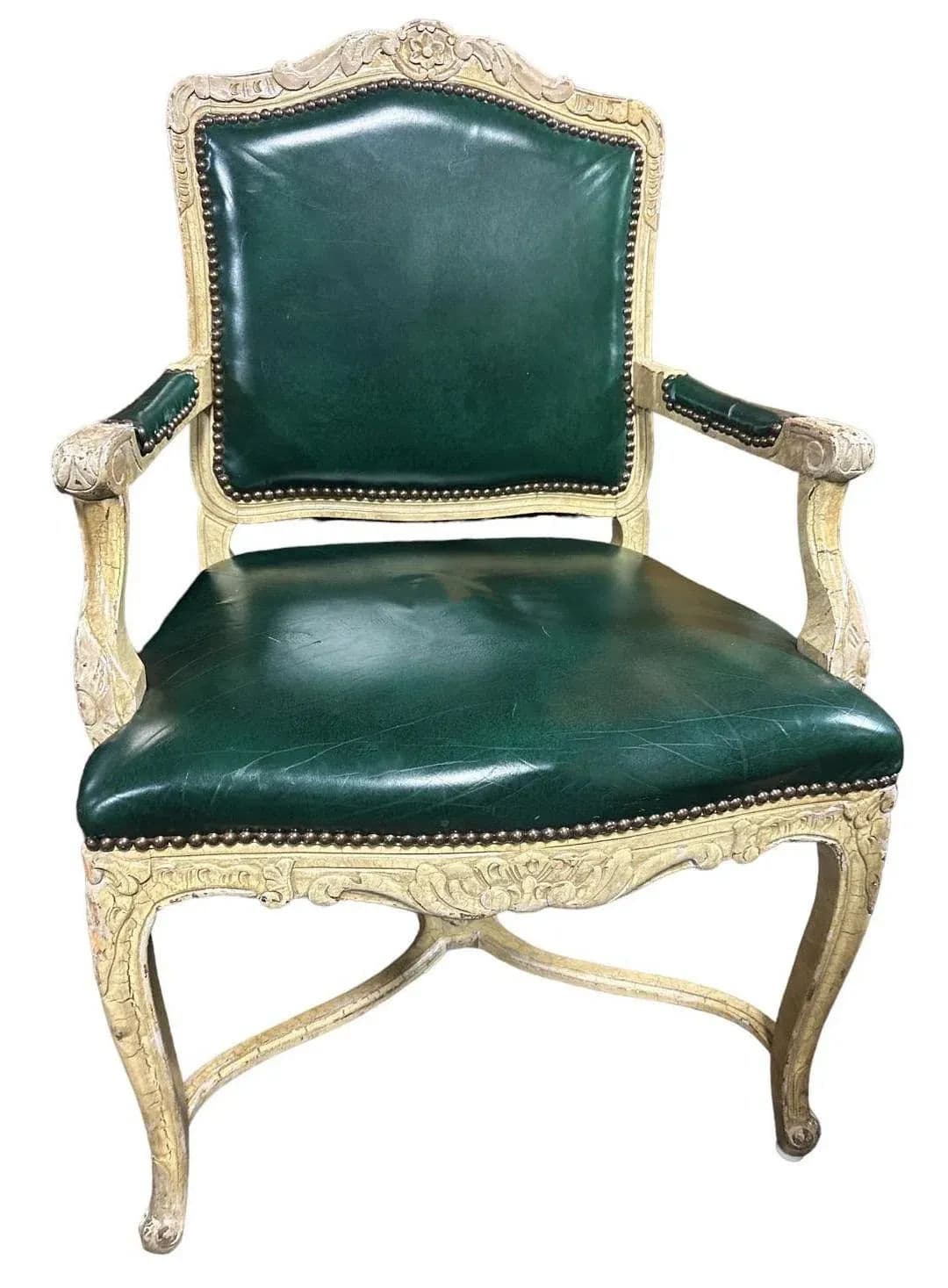 Vintage French Louis XV Fauteuils With Leather Upholstery and Distressed Finish - Late 20th Century - Thumbnail 3