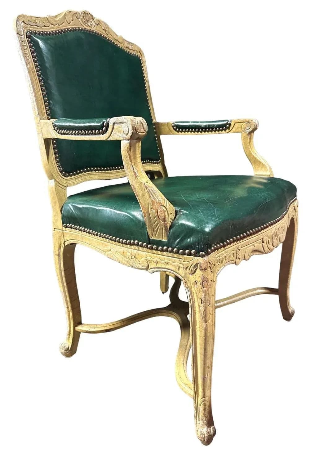 Vintage French Louis XV Fauteuils With Leather Upholstery and Distressed Finish - Late 20th Century - Thumbnail 4