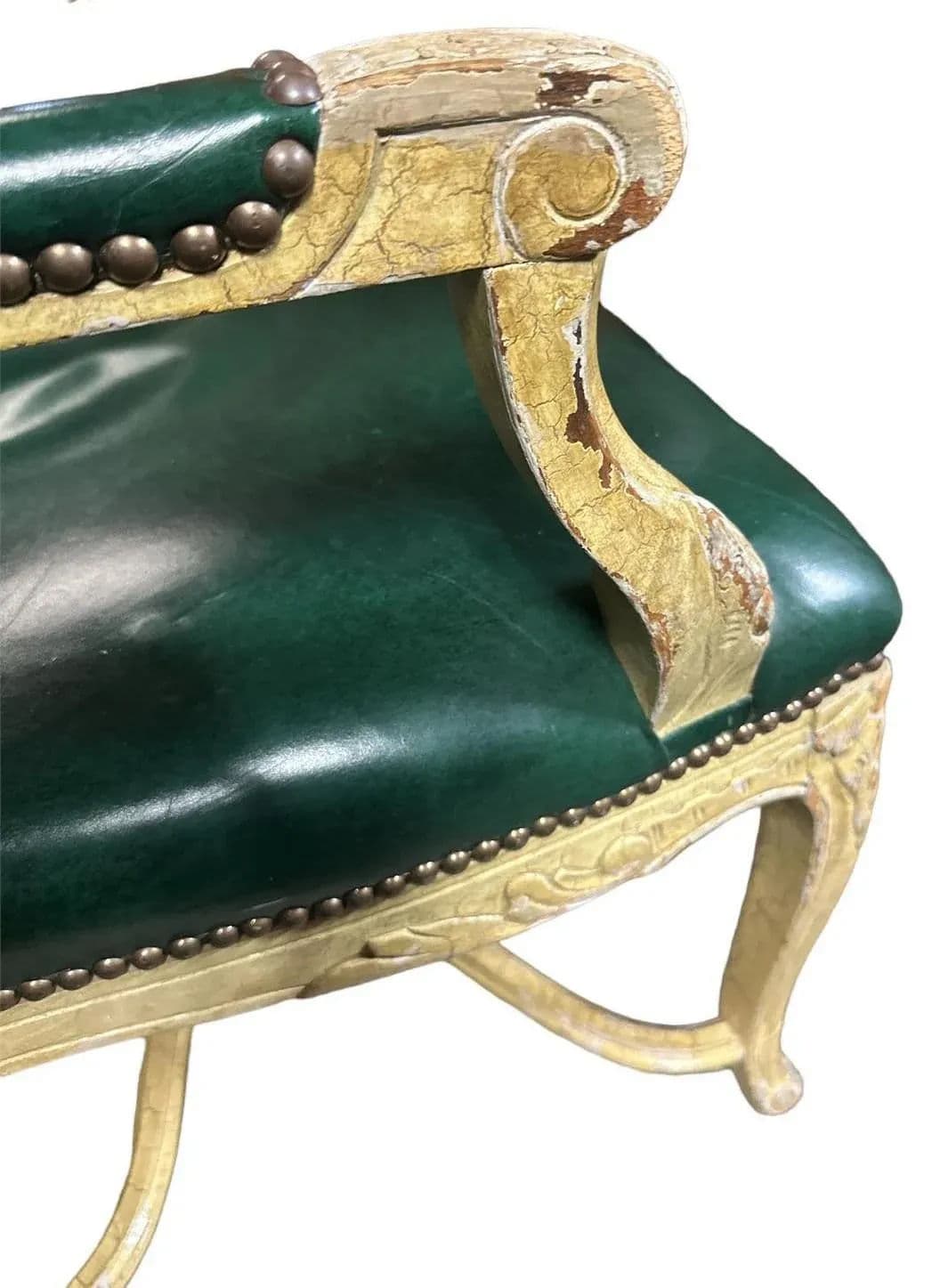 Vintage French Louis XV Fauteuils With Leather Upholstery and Distressed Finish - Late 20th Century - Thumbnail 7