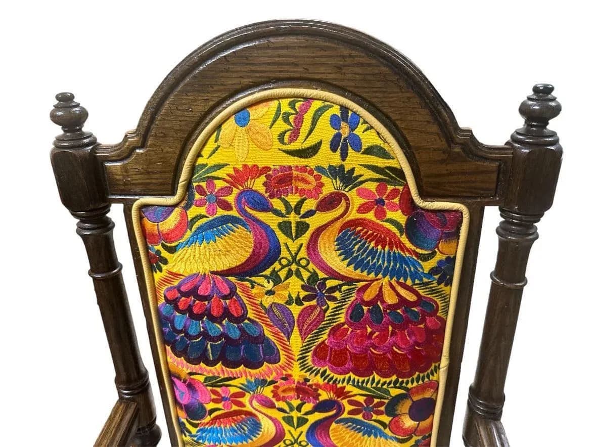 Ethan Allen Vintage Royal Charter Oak Chairs With Chiapas Embroidery, Leather, and Fabric Upholstery - Set of 6 - Thumbnail 3