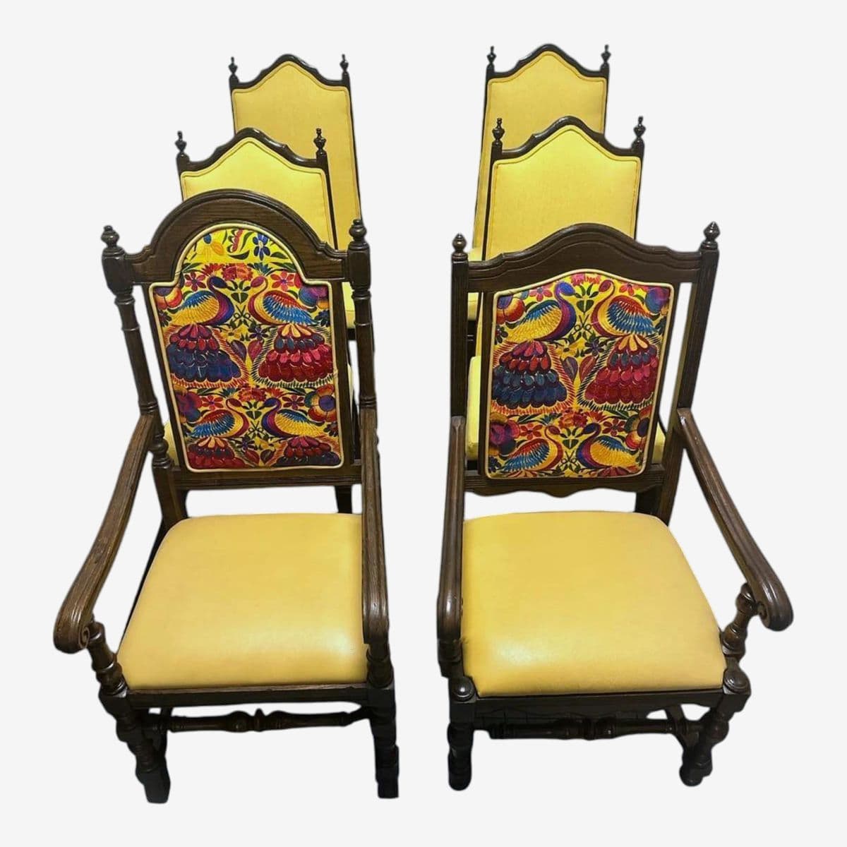 Ethan Allen Vintage Royal Charter Oak Chairs With Chiapas Embroidery, Leather, and Fabric Upholstery - Set of 6 - Image 1