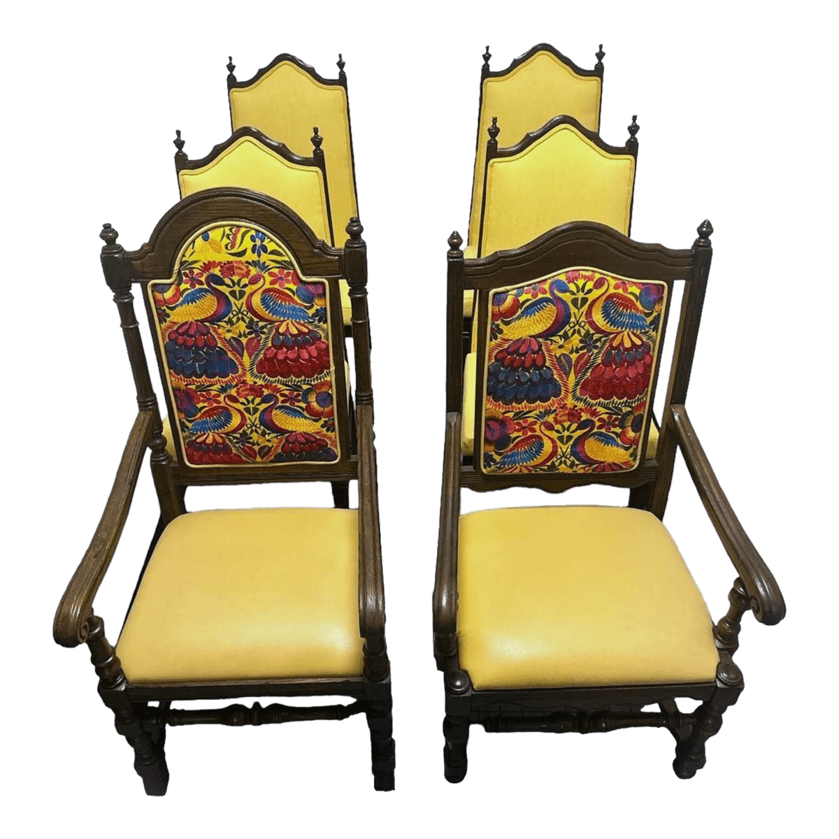 Ethan Allen Vintage Royal Charter Oak Chairs With Chiapas Embroidery, Leather, and Fabric Upholstery - Set of 6 - Thumbnail 2