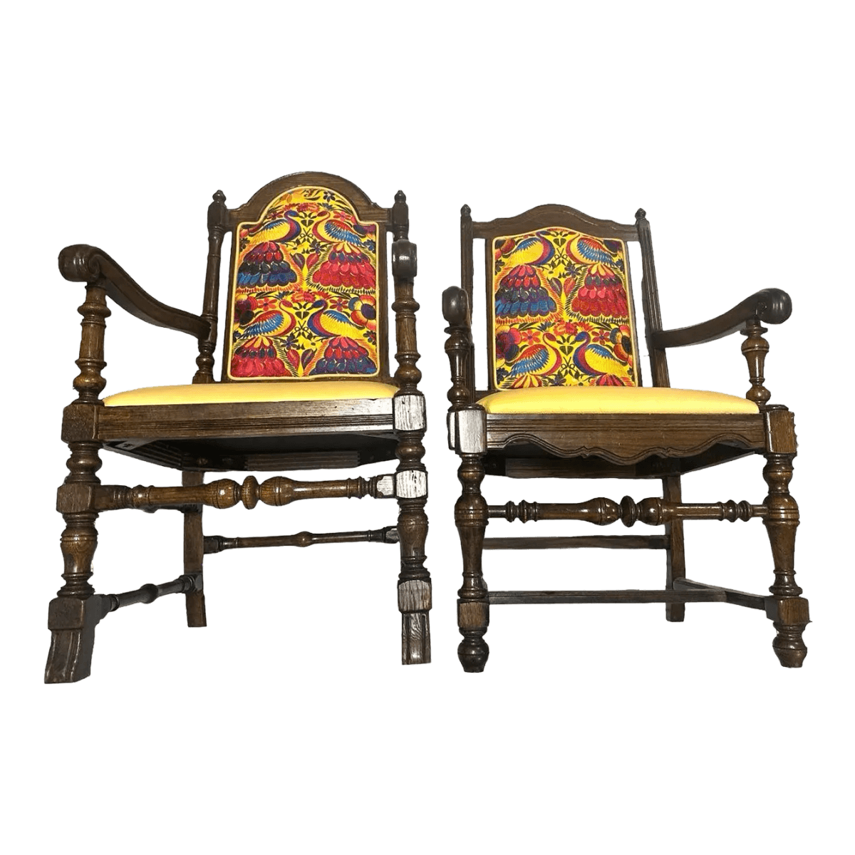 Ethan Allen Vintage Royal Charter Oak Chairs With Chiapas Embroidery, Leather, and Fabric Upholstery - Set of 6 - Thumbnail 4