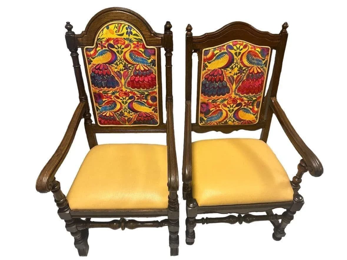 Ethan Allen Vintage Royal Charter Oak Chairs With Chiapas Embroidery, Leather, and Fabric Upholstery - Set of 6 - Thumbnail 6