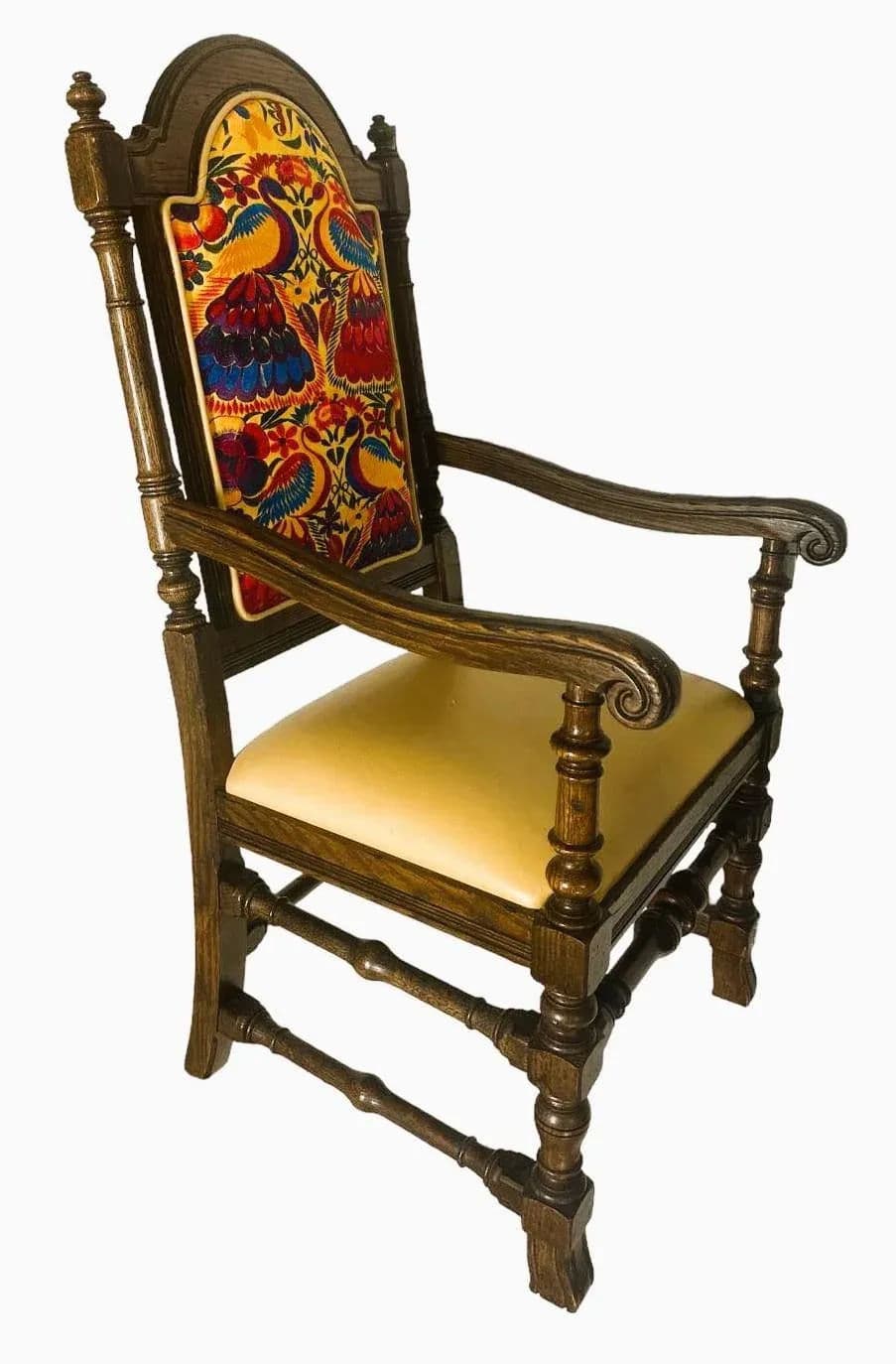 Ethan Allen Vintage Royal Charter Oak Chairs With Chiapas Embroidery, Leather, and Fabric Upholstery - Set of 6 - Thumbnail 5