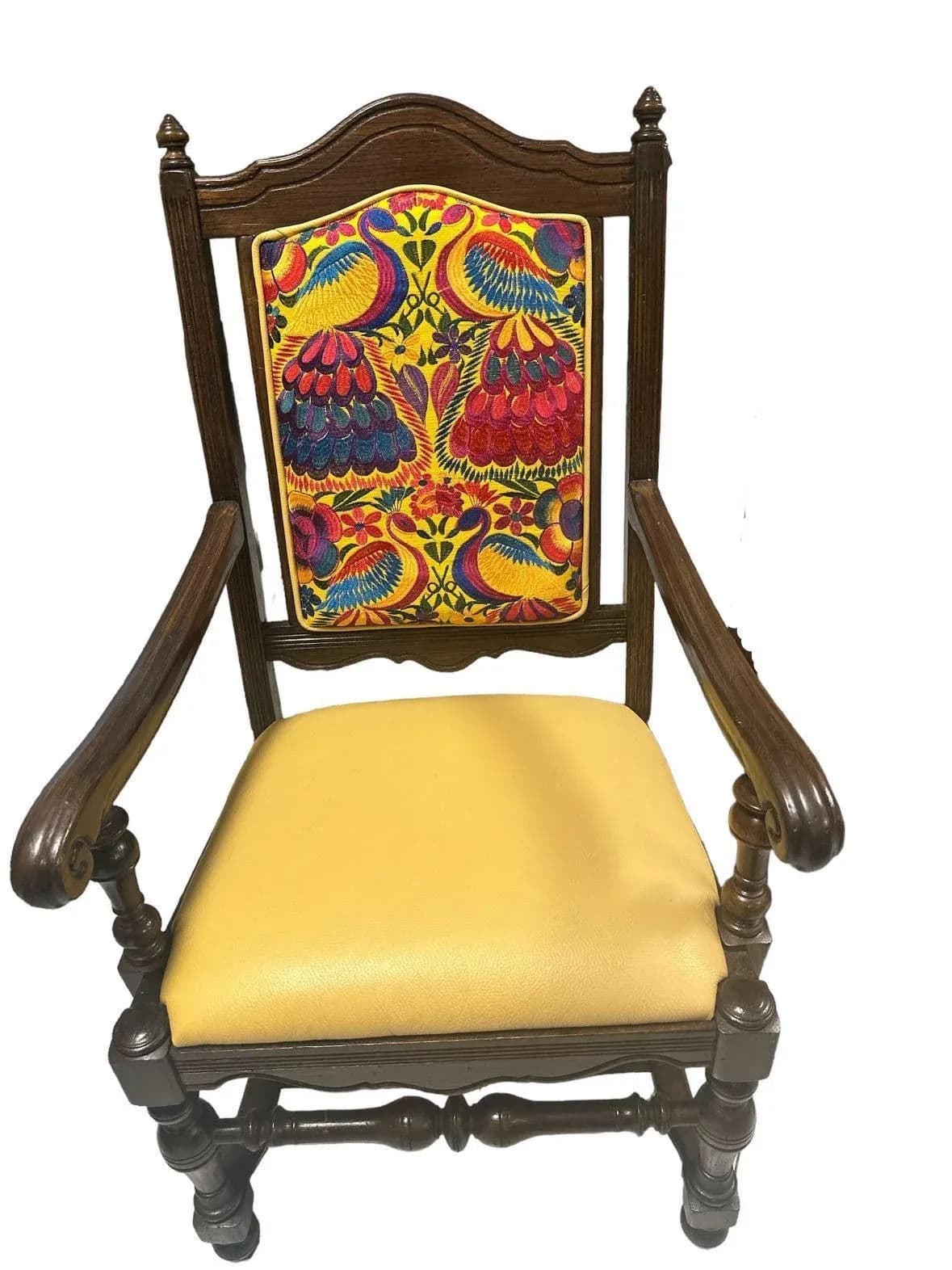 Ethan Allen Vintage Royal Charter Oak Chairs With Chiapas Embroidery, Leather, and Fabric Upholstery - Set of 6 - Thumbnail 12