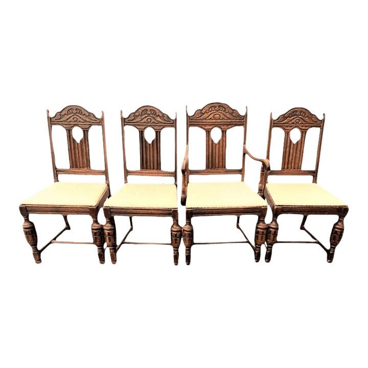 Antique Spanish Revival Early 20th Century Solid Oak Dining Chairs With New Kravet Fabric - Set of 4 - Thumbnail 2