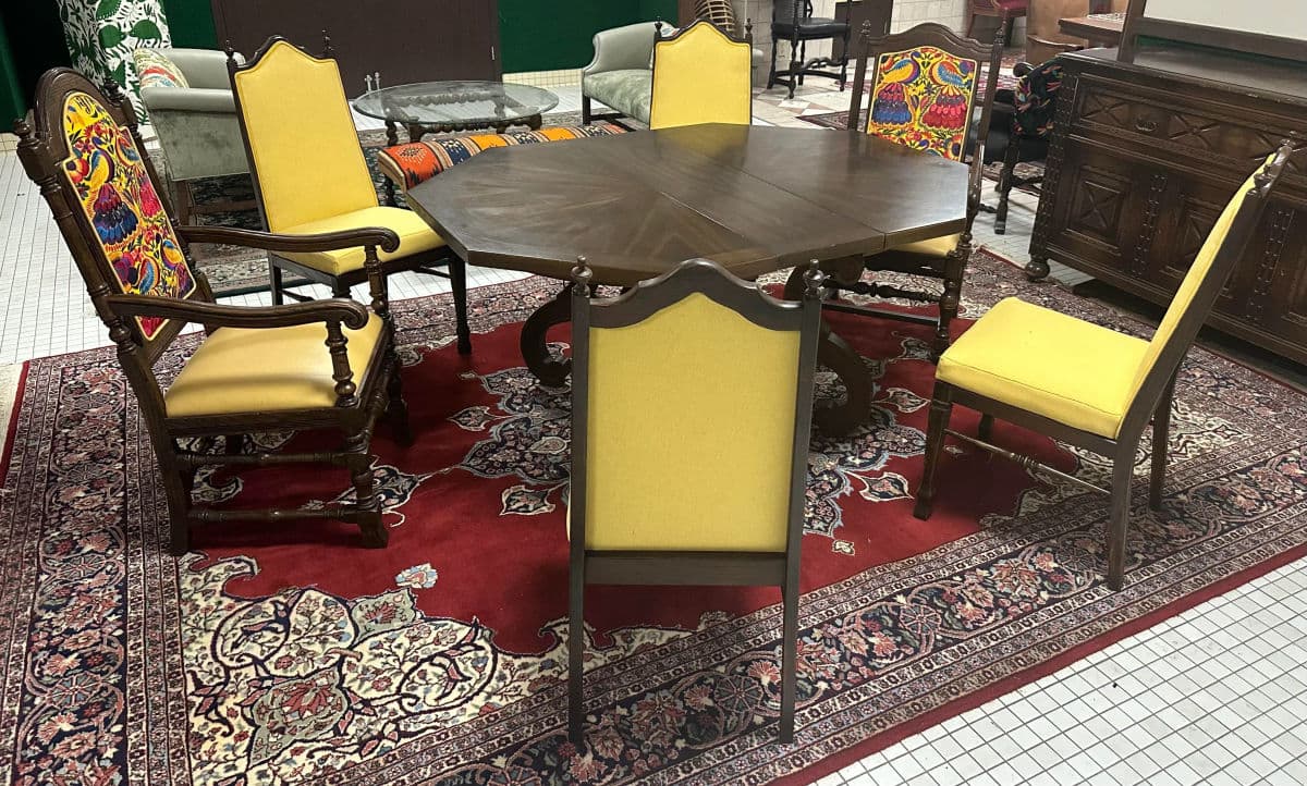 Ethan Allen Vintage Royal Charter Oak Chairs With Chiapas Embroidery, Leather, and Fabric Upholstery - Set of 6 - Thumbnail 13