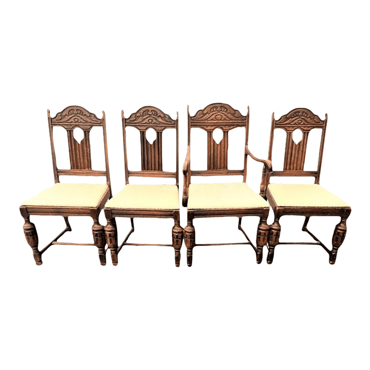 Antique Spanish Revival Early 20th Century Solid Oak Dining Chairs With New Kravet Fabric - Set of 4 - Thumbnail 14