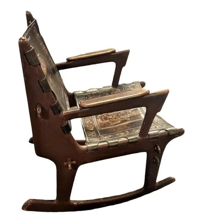Angel Pazmino Tooled Leather Rocking Chair Handmade in Ecuador - Vintage Mid 20th Century - Thumbnail 3